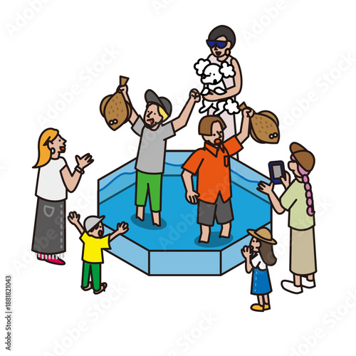 手掴みで魚を取る体験イベントを楽しむ人々のイラスト素材