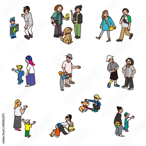 日常生活のさまざまなコミュニケーションシーンを描いた人物イラスト素材セット