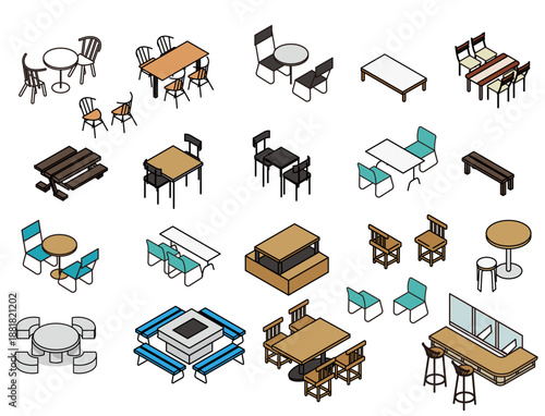 さまざまな種類のテーブルと椅子をまとめたイラスト素材セット