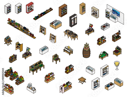 店舗や売り場で使われるさまざまな什器・陳列棚のイラスト素材セット