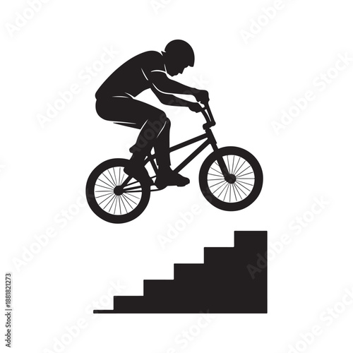 Extreme BMX bike rider silhouette performing a jump stunt over urban stairs. High action bicycle freestyle trick in the city, black and white graphic.