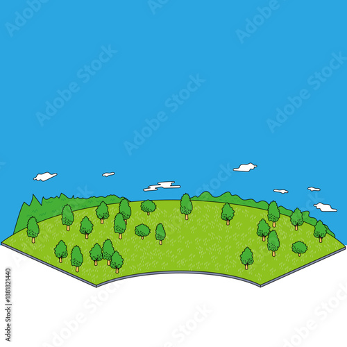 丘と木々が広がる自然の風景を描いた背景イラスト素材
