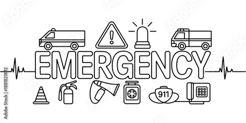 Illustration of the word EMERGENCY surrounded by various emergency service related icons and vehicles Illustration