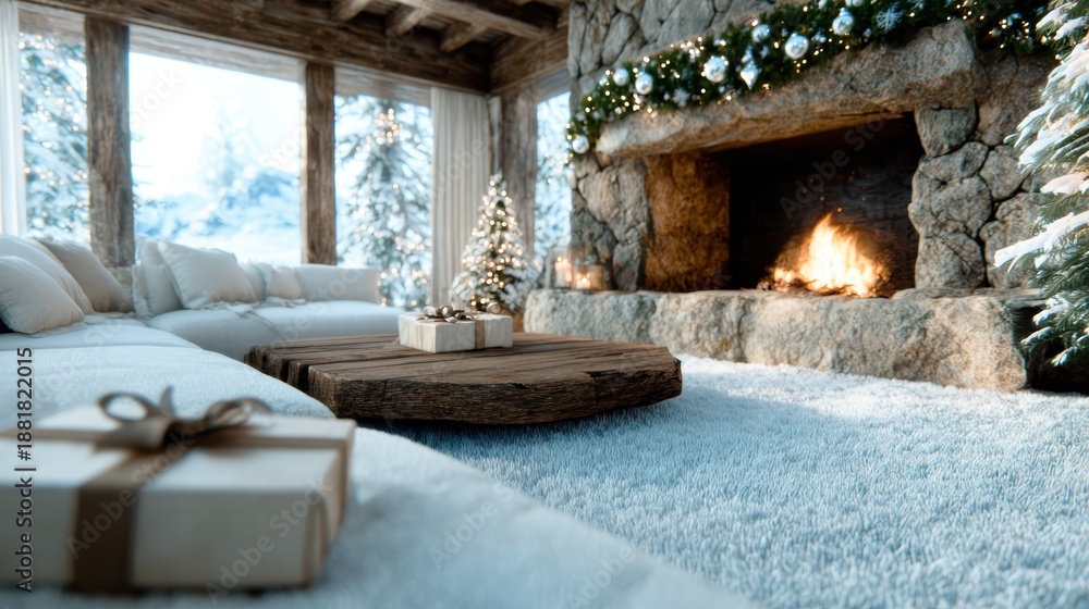 Fototapeta premium This inviting winter living room features a beautifully decorated fireplace, a Christmas tree, and cozy furnishings, perfect for creating a warm holiday atmosphere.