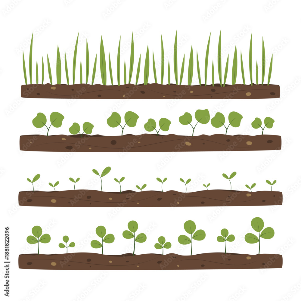 Fototapeta premium Set of different sprouts, seedlings, green plants, growing from the ground. Vector design elements isolated on white background. 