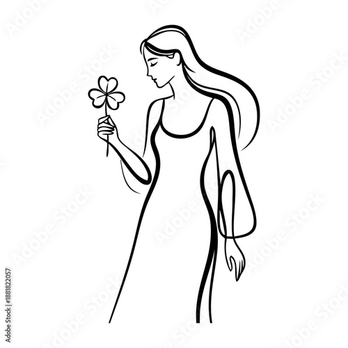 Día de San Patricio. Dibujo sencillo con líneas de mujer de pie con trébol de 3 hojas en la mano 