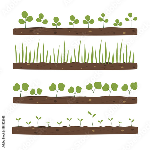 Collection of green sprouts, seedlings, young plants growing from the ground. Vector design elements isolated on white background.	