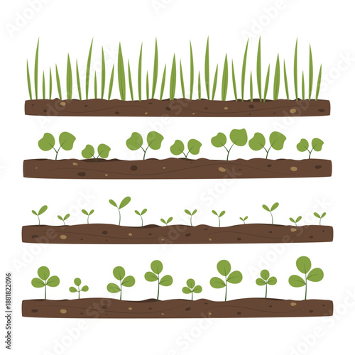 Set of different sprouts, seedlings, green plants, growing from the ground. Vector design elements isolated on white background. 