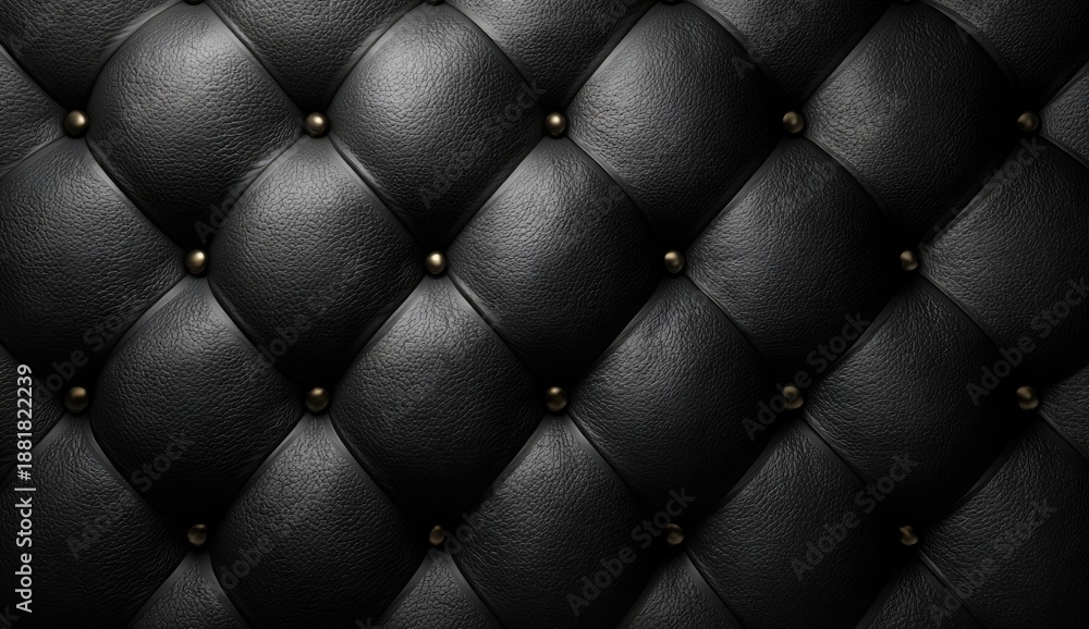 Fototapeta premium Close-up of black diamond-patterned leather upholstery with gold-colored button accents