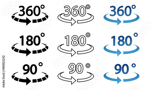 180, 90, 360 degrees vector icon set. Round signs with arrows rotation to 180 degrees.180 degree angle half circle than 360 degree. 180 degrees logo, label, badge, symbol, banner, black, line, isolate
