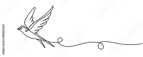 Flying swallow bird one single line drawing. Continuous linear doodle art of flying animal silhouette. Editable stroke