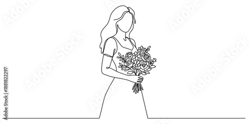 Continuous one line drawing of a girl holding a bouquet of flowers. Editable stroke