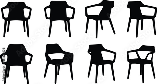 Set of black chair silhouettes in different positions and angles on white background