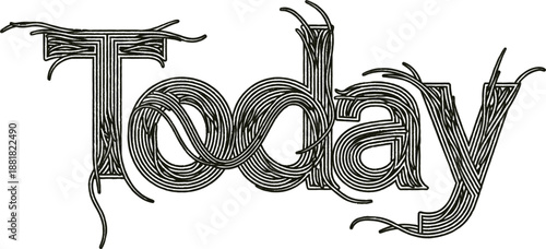 Ornate typography text word today in gray lines on transparent background