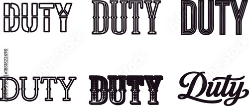 Various typographic designs of the word Duty in different fonts and styles isolated on transparent background
