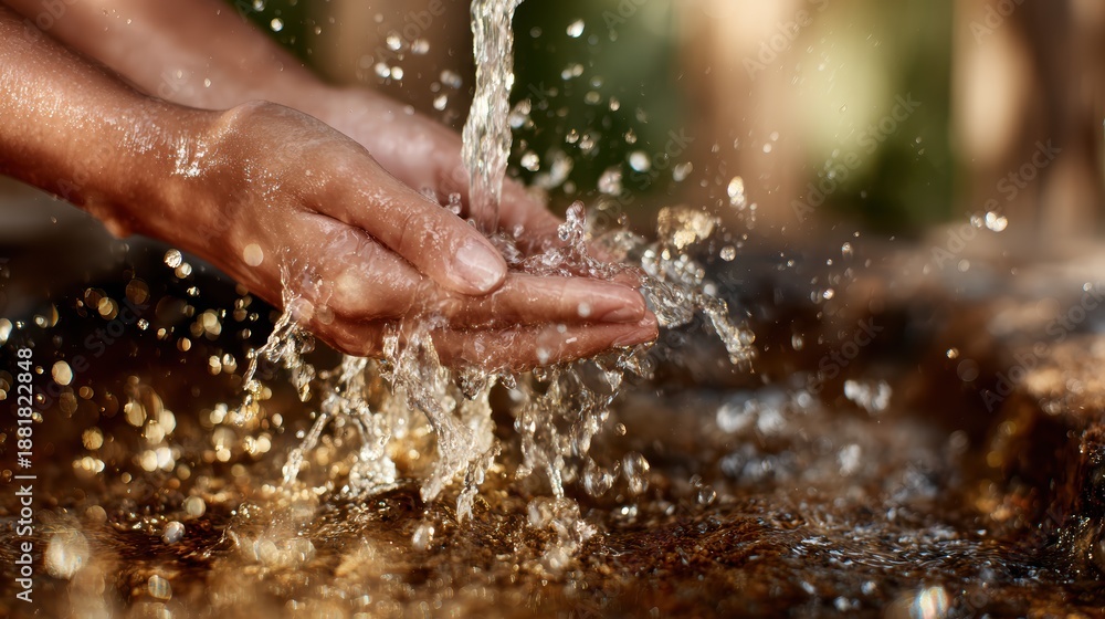 Fototapeta premium A close-up of hands catching splashes of flowing water in a serene natural setting, showcasing the purity of water and the refreshing feeling of cleanliness and rejuvenation.