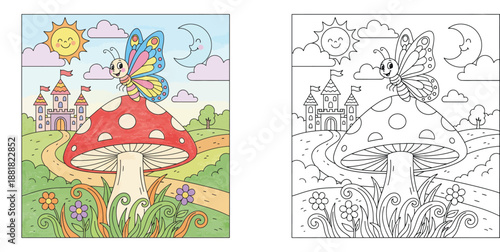 Coloring Page for Kids with Cute Butterfly on Mushroom, Fairy Tale Castle, Sun and Moon Landscape, Educational Activity for Toddlers and Preschoolers, Color and Outline Vector Illustration