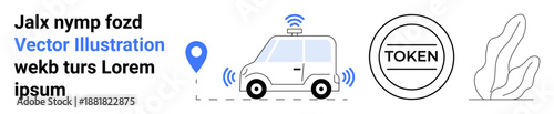 Transportation innovation, digital security, geolocation, data exchange, blockchain, nature design. Self-driving car with wireless signals, pin location token abstract leaf outline. Transportation