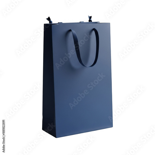 Elegant dark blue paper gift bag with handles isolated on transparent background