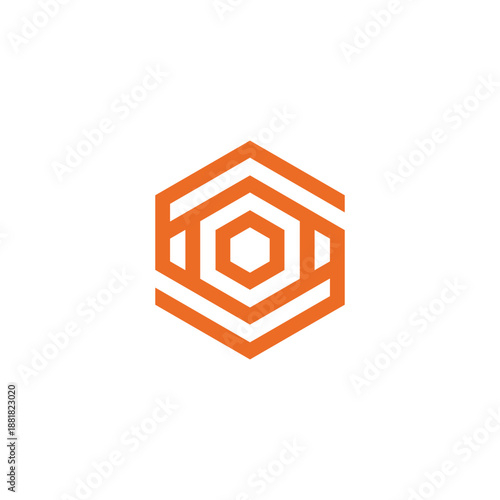 Modern orange hexagonal logo design representing a futuristic concept of interconnected data networks and abstract digital technology, ideal for innovative branding solutions