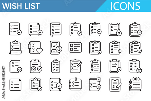 Clean wish list checklist line icons set for productivity projects