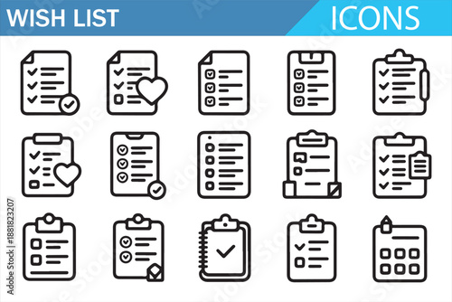 Wish list checklist line icon set with task lists, notes, reminders, and planning symbols, to-do document outline icons for productivity, business, and app interfaces isolated on white