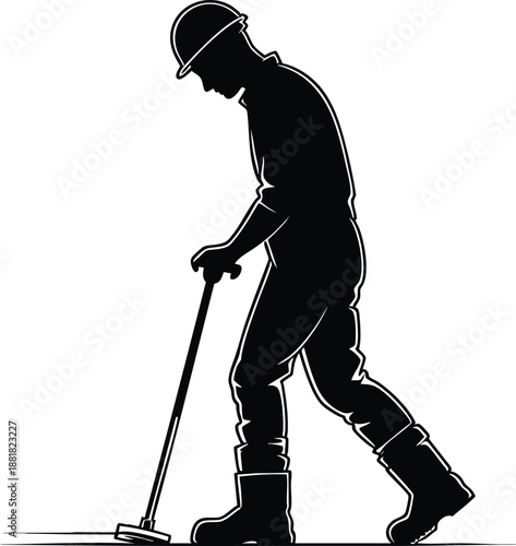 Construction worker silhouette using a metal detector industrial safety and search concept isolated on white background