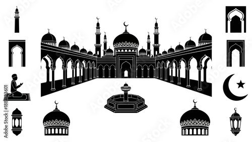 Islamic Mosque Silhouette with Architectural Elements.