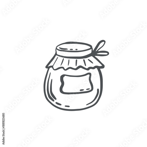 Glass jag with textile lid and bow vector graphic illustration. Hand drawn isolated vessel for honey or jam. Utensil for sauce or oil. Black and white doodle clipart for food desing, farmhouse decor.