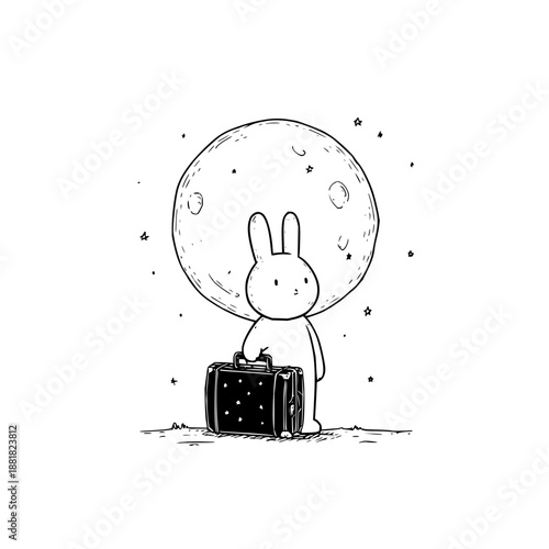 Rabbit Carrying Suitcase Under Full Moon