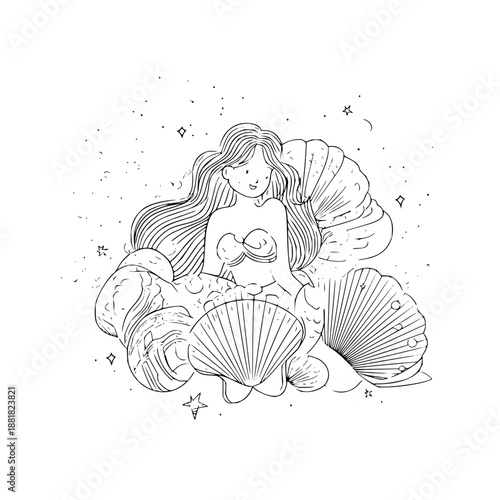 Mermaid Sitting on Shells Underwater with Stars