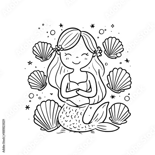 Smiling Mermaid Sitting with Shells Underwater
