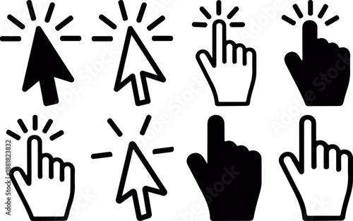 Click cursor hand icon set showing pointing and tapping gestures in flat vector, mouse pointer and hand click symbols collection, web cursor hand icon pack isolated