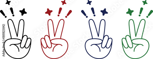 Peace hand gesture icon set showing victory sign in colorful outline style, flat vector illustrations perfect for youth graphics, stickers, social media, victory sign hand symbol collection isolated