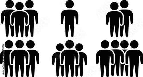 Group of people silhouette icon set showing crowd and individual figures in flat vector, human group figure silhouettes collection isolated, teamwork community people icon pack