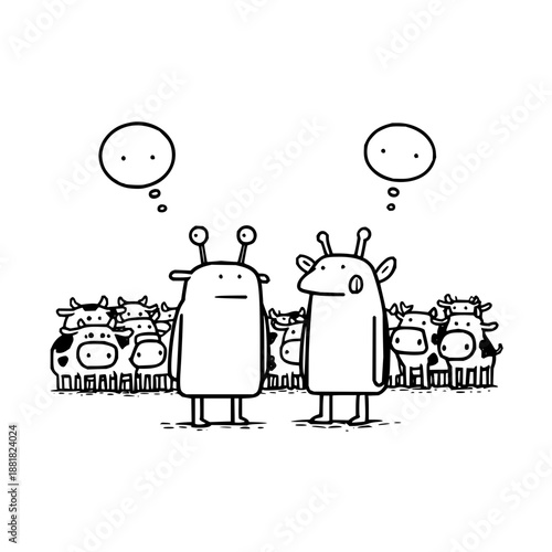 Android Robots Thinking Standing in Front of Cow Herd