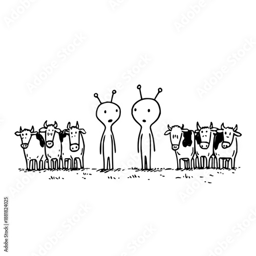 Aliens Standing with Cows in Field