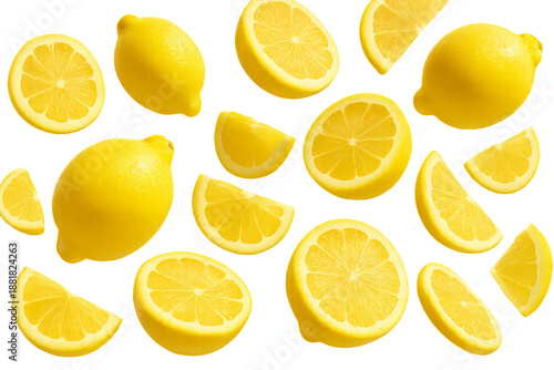 Floating vibrant lemons isolated on transparent background. concept of fresh citrus, summery design, juicy fruit illustration, kitchen decor, lemon slice art.