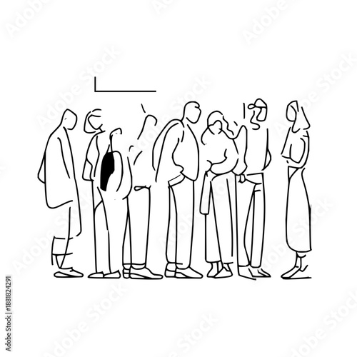 People Waiting in Line, Simple Line Drawing, One-Line Illustration