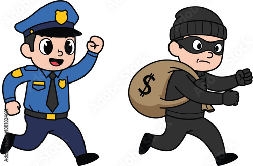 Cartoon police officer chasing a thief carrying a money bag policeman enforcement