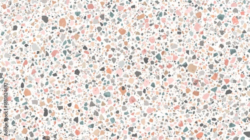 Elegant Terrazzo Texture with Colorful Speckles. A close-up view of a unique terrazzo pattern with a mix of colorful speckles, presenting a stylish and sophisticated surface design