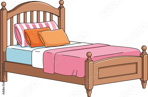 Cartoon Wooden Bed With Pink Blanket And Pillows vector