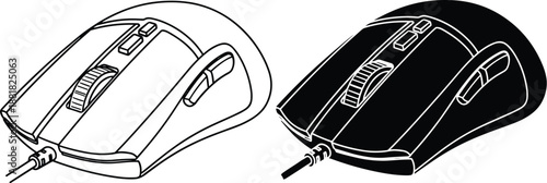 Dual Style Computer Mouse Illustration with Scroll Wheel, Buttons, Cable, Line Art and Silhouette Contrast on Split Background