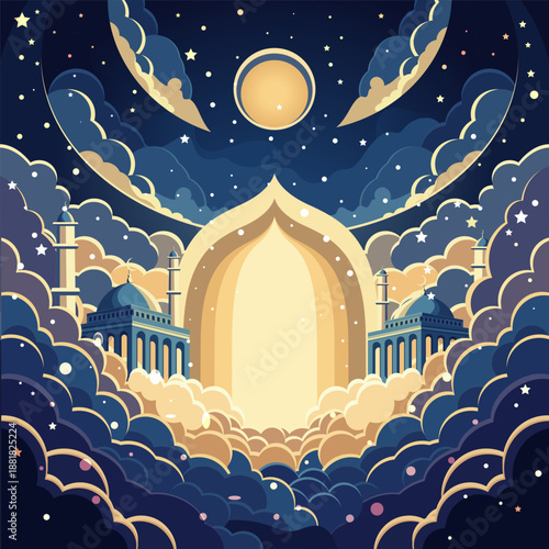 Mystical Islamic illustration featuring a glowing mosque under a moonlit sky with clouds and stars. Elegant spiritual artwork perfect for Ramadan, Eid, and religious backgrounds.