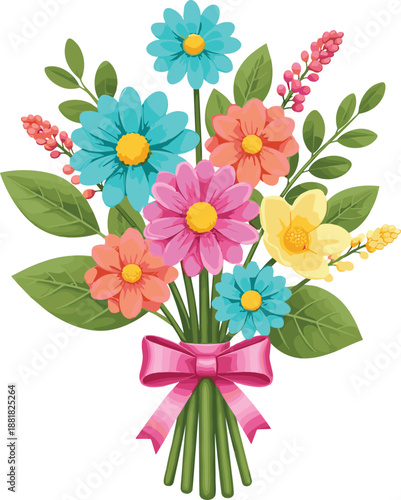 Wallpaper Mural Colorful spring flower bouquet illustration with mixed blossoms, green leaves and pink ribbon, cheerful floral vector design isolated on white background for celebration and decoration Torontodigital.ca