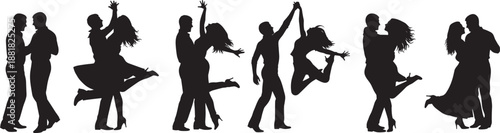 Black silhouettes of diverse couples dancing and performing isolated on white background romantic ballroom and artistic expressive dance movement for celebration and event designs