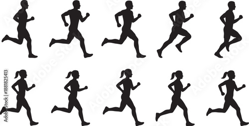 Black silhouettes of diverse men and women jogging and running isolated on white background group of active people for fitness and marathon designs