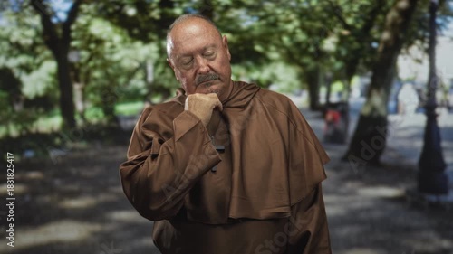 Man monk in brown robe with hand to chin and visible wooden cross necklace, standing under trees on a sunlit park path; prayerful reflection serenity.