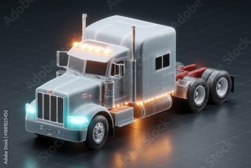 Futuristic truck design with glowing accents and detailed cabin