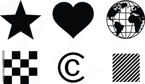 Collection Of Six Black Geometric Shapes And Symbols Including Star Heart Globe Chessboard Copyright Symbol And Stripes